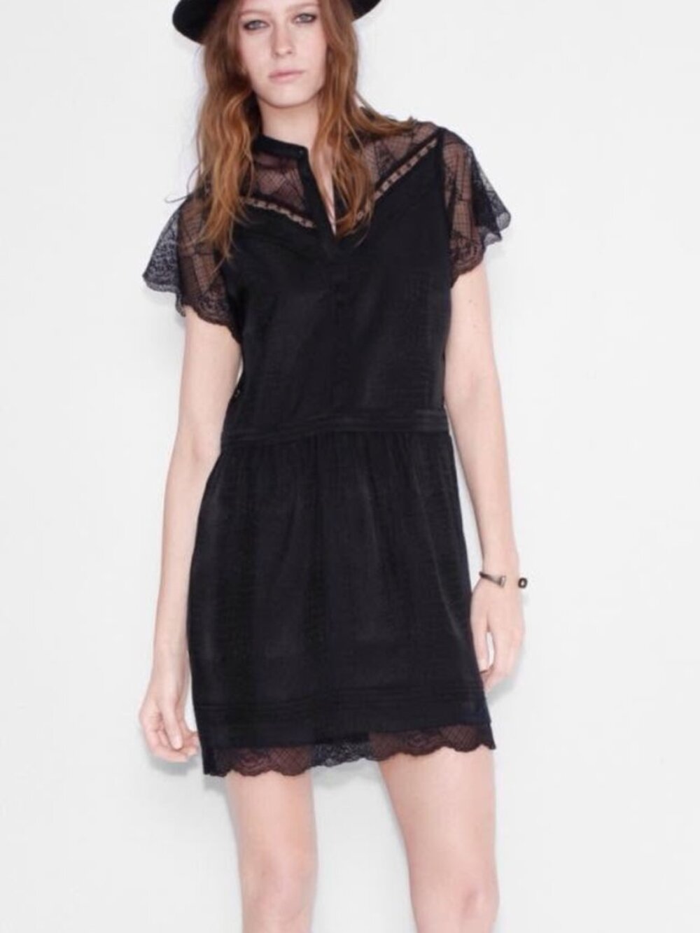 ZADIG & VOLTAIRE "Ricy Jac Deluxe" 100% Silk Lace Short-Sleeve Black Dress S